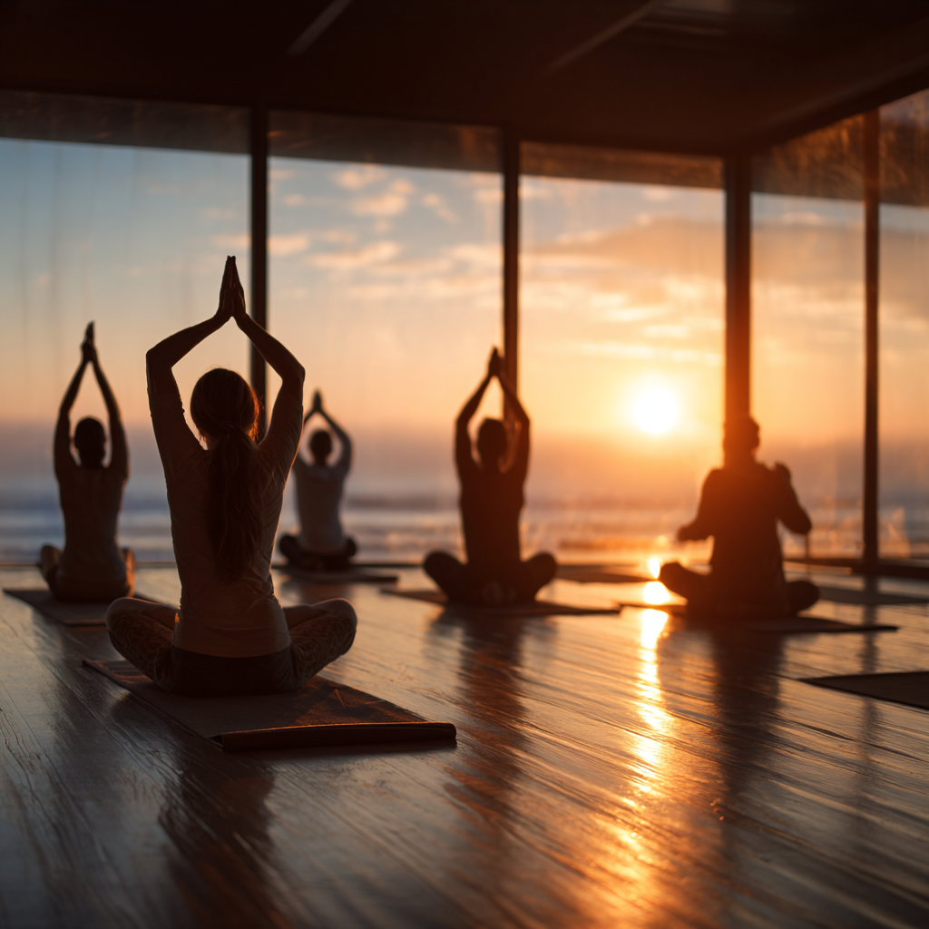 Peaceful yoga studio with mature practitioners in various poses during sunset session